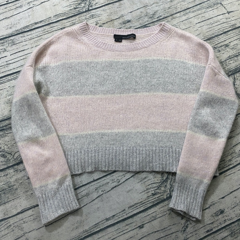 360 Cashmere Womens S Cropped Cashmere Knit Sweater Pink Gray Striped Soft